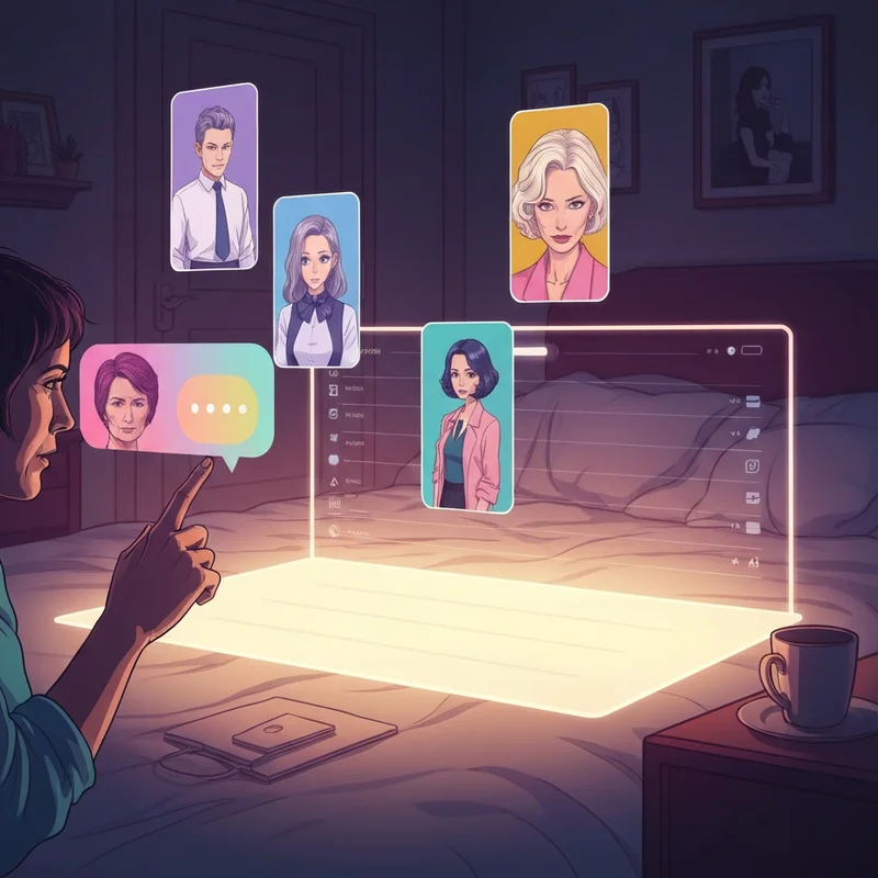 A futuristic digital workspace showing various AI character avatars and chat interfaces representing an ai chat like character ai experience.
