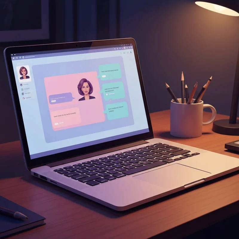 A close-up of a laptop screen showing a futuristic AI chat interface with vibrant purple and blue colors, representing chai online free access.