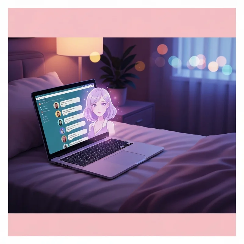 A cozy, ethereal bedroom at night with a glowing laptop screen displaying a character ai alternative chat interface, with a soft-focus digital companion silhouette appearing in the light.