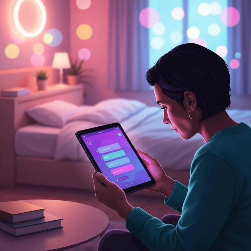 A young adult sitting in a dimly lit room looking at a glowing screen showing a digital character interface with a character ai 18 mode concept.
