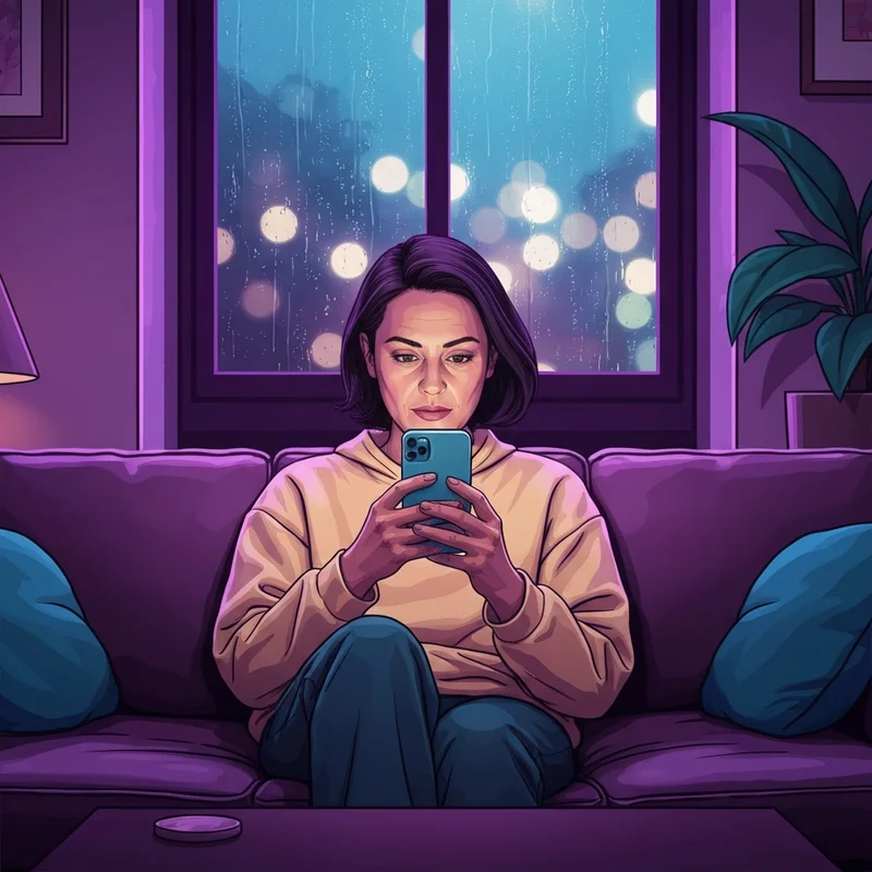 A young person engaging with the best chai bots on a smartphone in a cozy, atmospheric room.