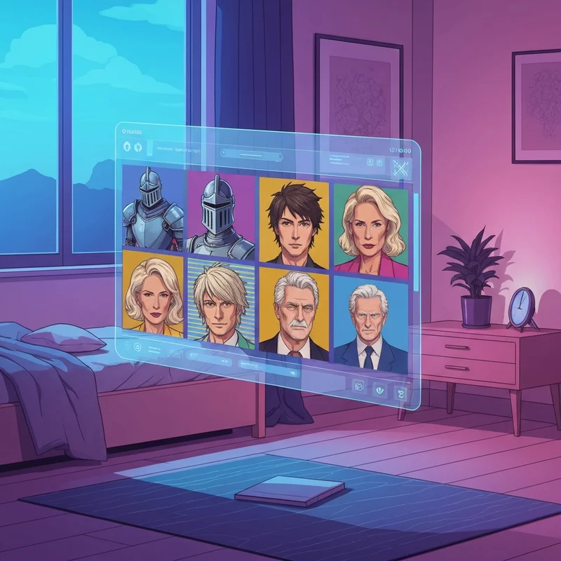 A high-tech digital directory showing a character ai bot list with glowing anime and RPG icons.