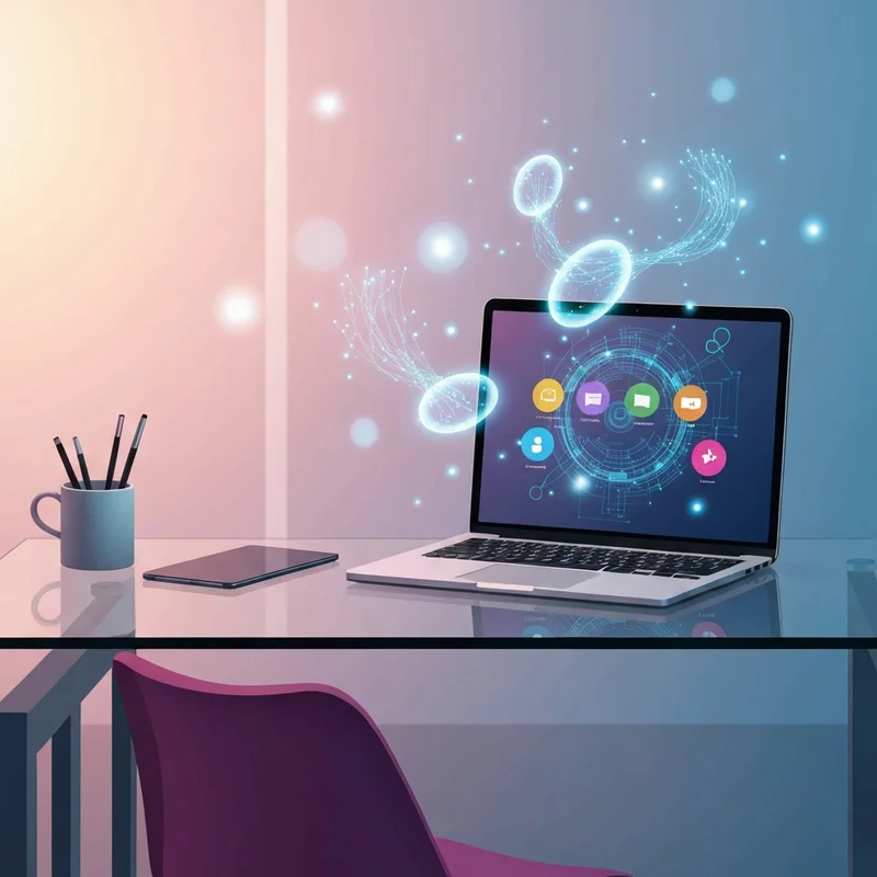 A futuristic workspace showing a laptop screen with the chat gbt bing interface, surrounded by holographic data streams and glowing blue lights.