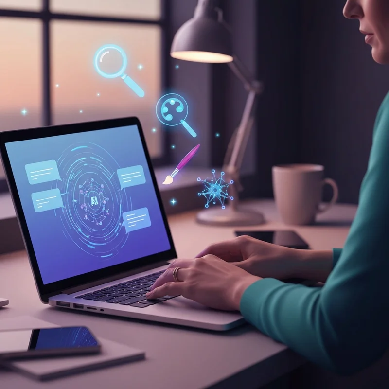 A professional using the bing ai chatbot on a sleek laptop to analyze real-time search data with digital holographic icons representing GPT-4 and AI creativity.