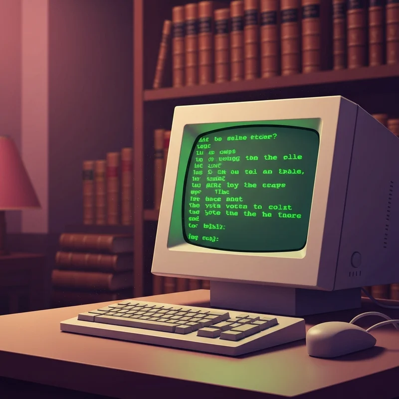A cinematic close-up of a glowing vintage terminal screen displaying green text based rpg games code in a cozy, dim library atmosphere.