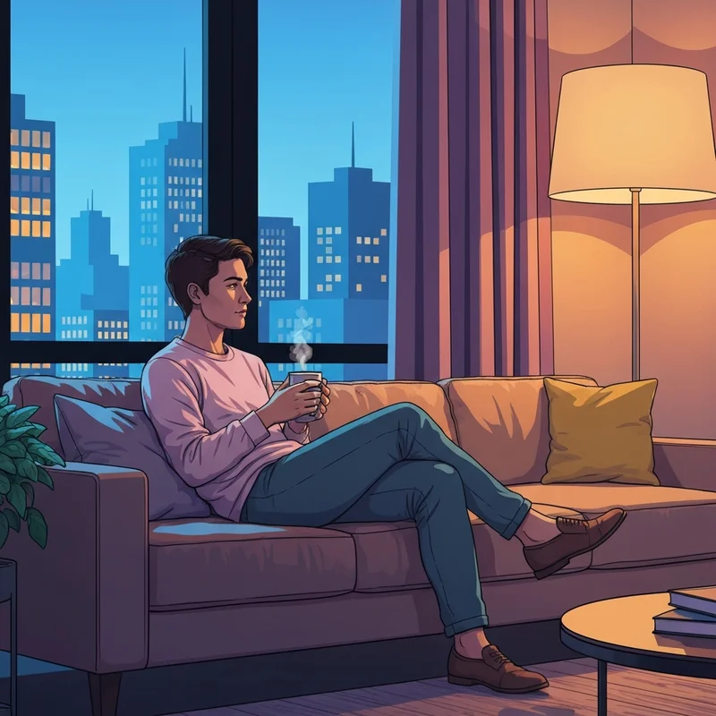 A young adult sitting by a window in a city apartment at night, looking at city lights, illustrating the feeling of i always feel alone.