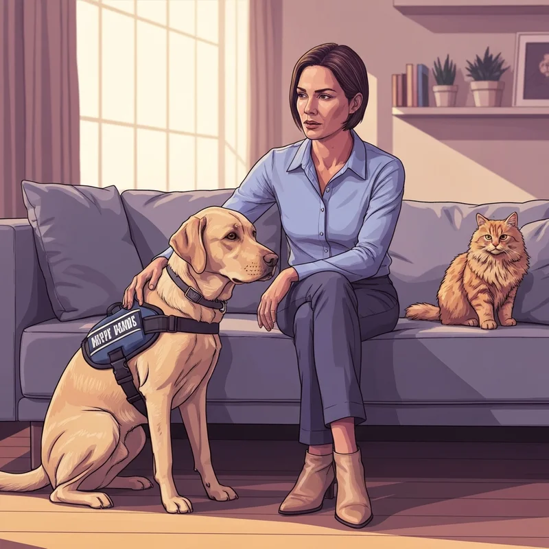 Comparison of a calm golden retriever service dog with a vest and a small support cat, highlighting the differences in esa vs service dog roles.