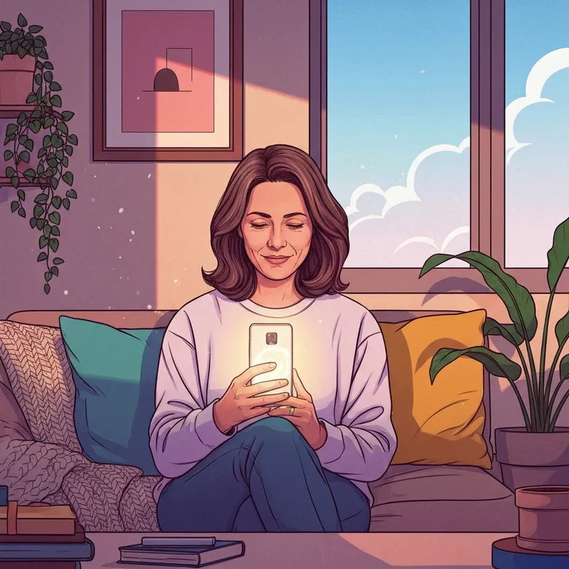 A young woman sitting in a sunlit room with a book and a glowing phone, exploring how can i deal with loneliness through digital and physical connection.