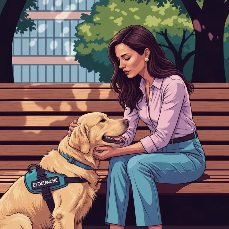 A woman sitting on a park bench with a calm labrador retriever, representing the difference between service dog and emotional support animal.