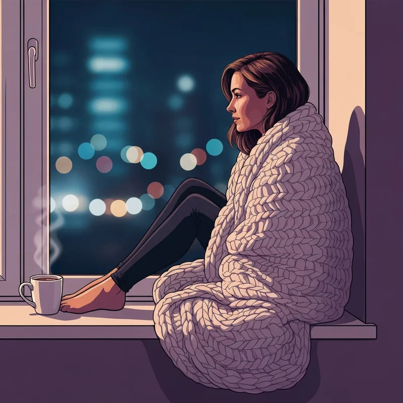 A person sitting by a window at night, seeking comfort while crying from loneliness, cinematic lighting.