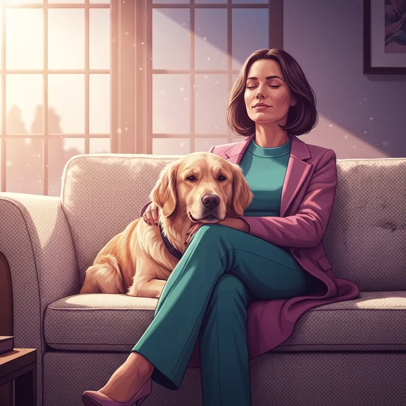 A calm golden retriever resting its head on a woman's lap in a sunlit room, illustrating the peace of emotional support versus service dog companionship.