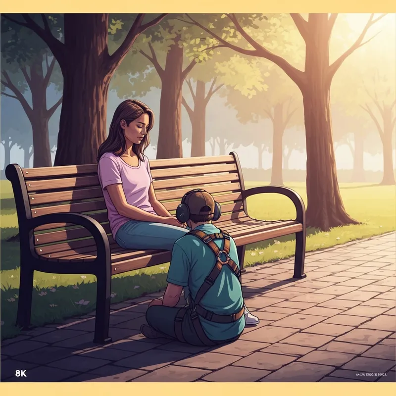 A woman sitting on a park bench with her service dog vs therapy dog, showing the bond and support of assistance animals.