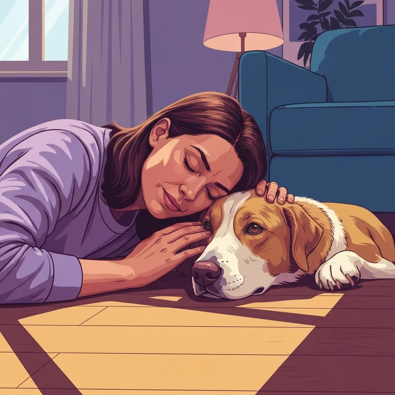 A young adult sitting on a sofa embracing a golden retriever, illustrating the emotional support animal meaning and therapeutic bond.