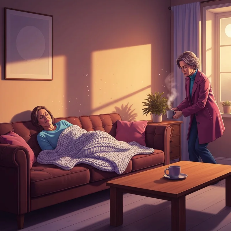 A soft, cinematic scene of a person resting on a comfortable sofa with a warm blanket, illuminated by gentle evening light, representing how to comfort someone who is mentally tired.