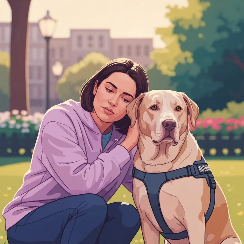 A woman sitting on a park bench with a calm Golden Retriever, illustrating the bond of a service dog vs comfort dog.