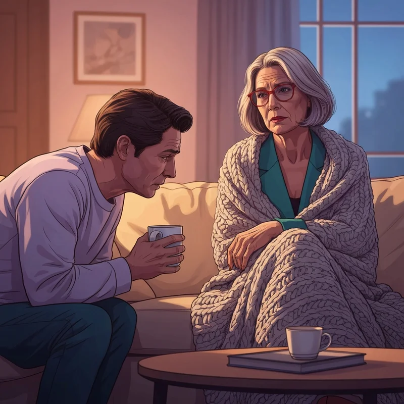 A supportive friend sitting in a cozy, dimly lit room offering a warm drink to a loved one, illustrating what to say to people with depression.