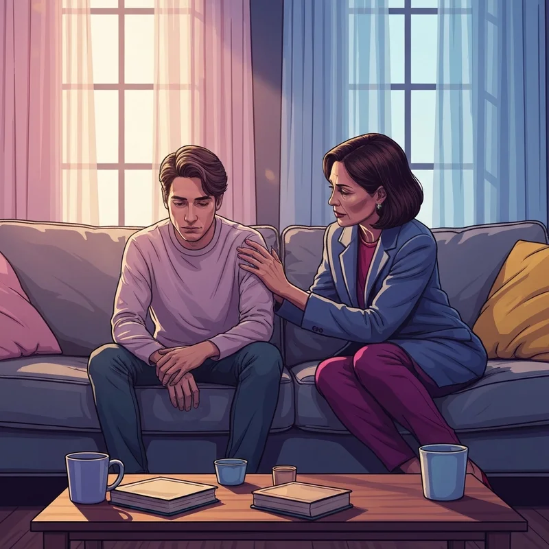 A supportive friend sitting quietly with someone in a dimly lit room, illustrating how can you help someone with depression through presence.