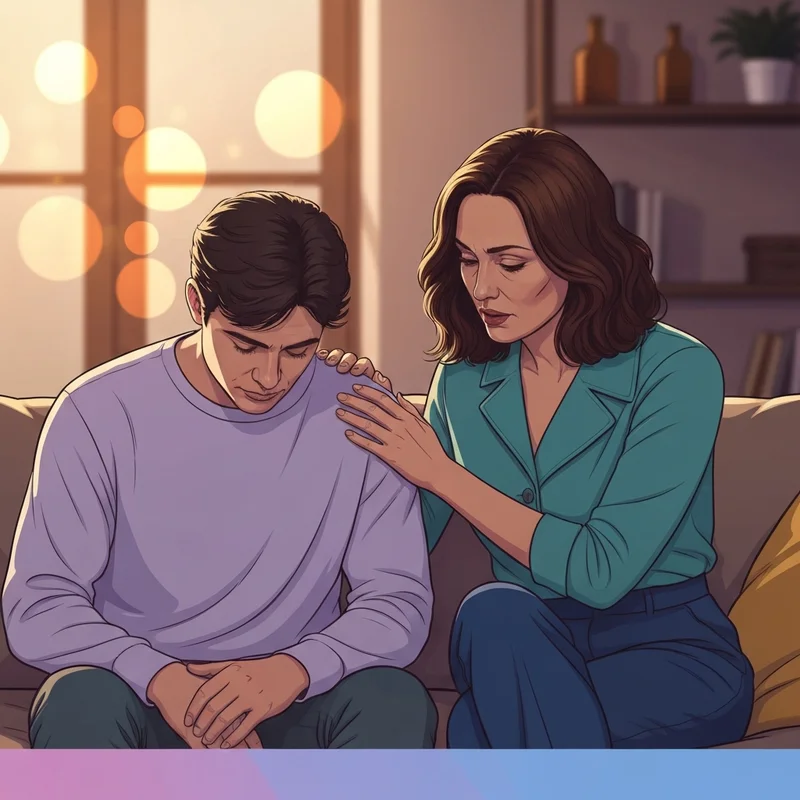 A supportive friend offering a comforting hand on another friend's shoulder in a dimly lit, cozy room, illustrating the concept of supporting a friend.