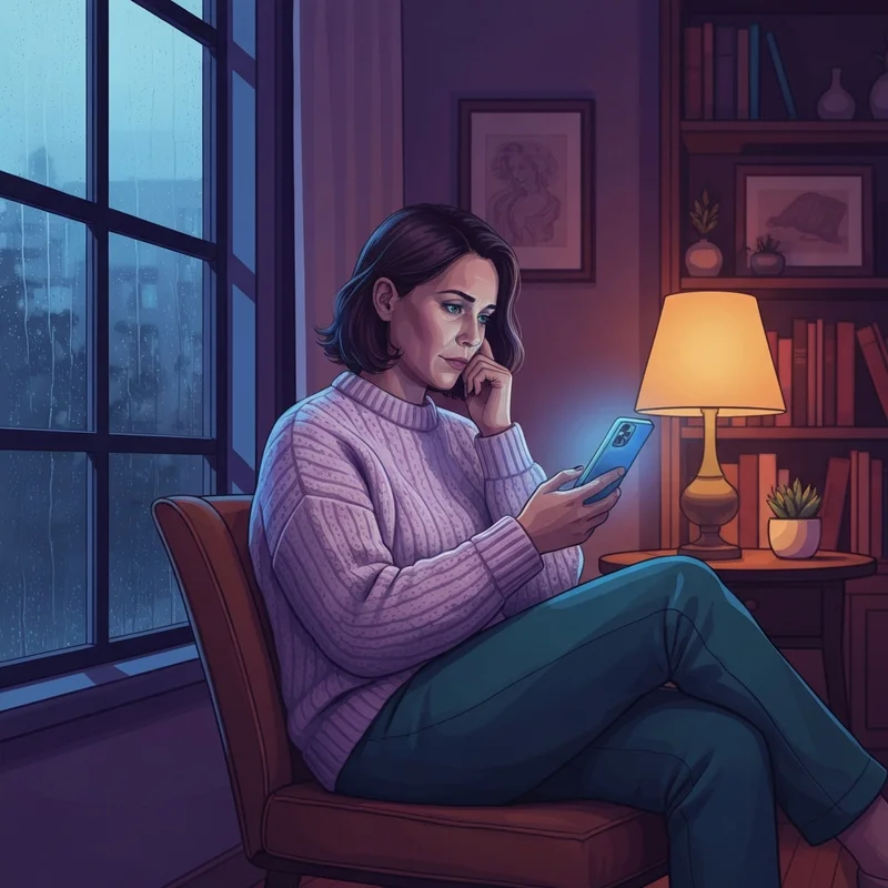 A person sitting by a window in a soft-lit room, looking at their phone with a thoughtful expression, representing can loneliness lead to depression.