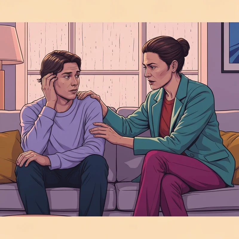 A supportive partner offering a comforting hand and a listening ear in a warm, cozy home setting, illustrating the concept of helping partner.