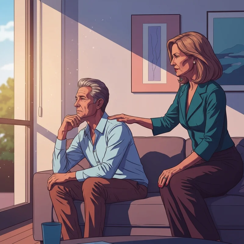 A supportive spouse sitting on a couch with their partner in a softly lit room, illustrating depressed spouse how to help.