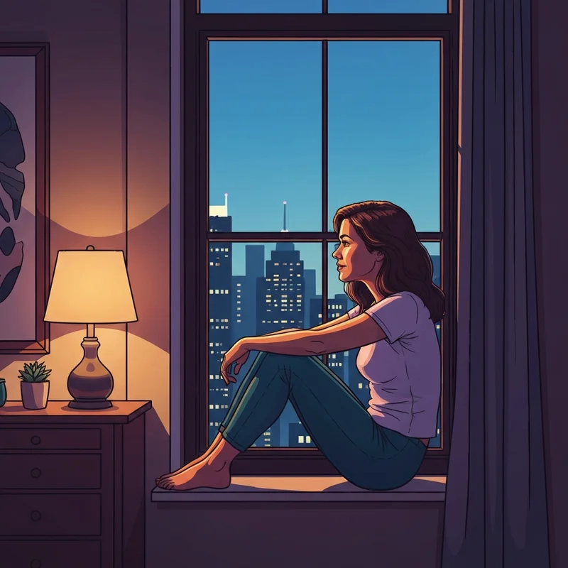 A thoughtful young adult looking out a window at a city sunset, reflecting on why do i always feel alone.