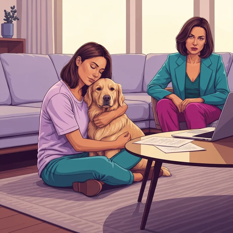 A peaceful indoor scene showing the definition of emotional support animal through a young woman hugging her dog while reading housing documents.
