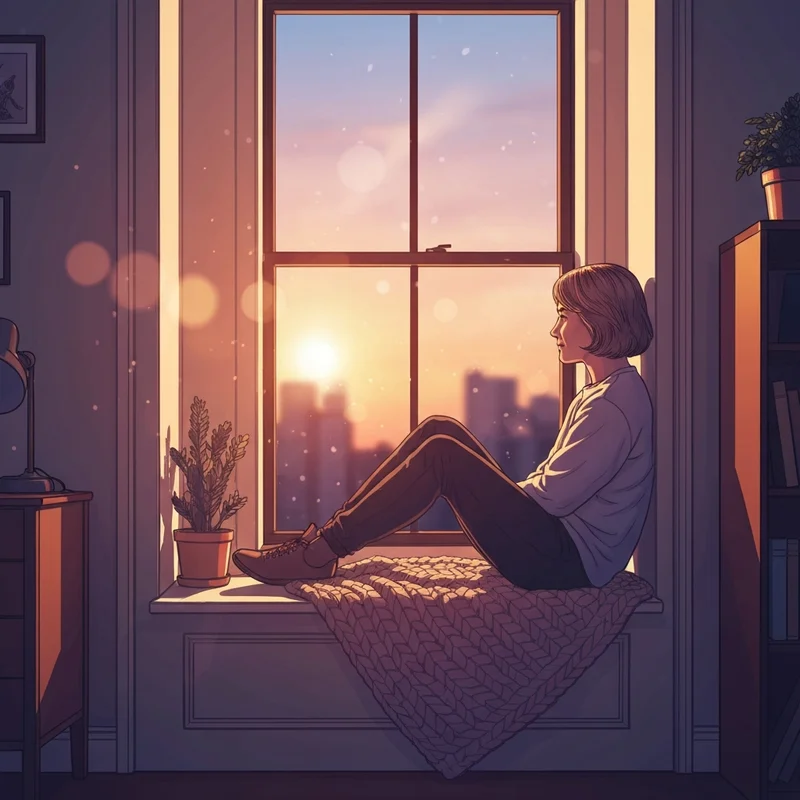 A young person sitting in a cozy, sunlit room, looking thoughtfully out a window with a soft, peaceful expression, illustrating how do you get over loneliness.