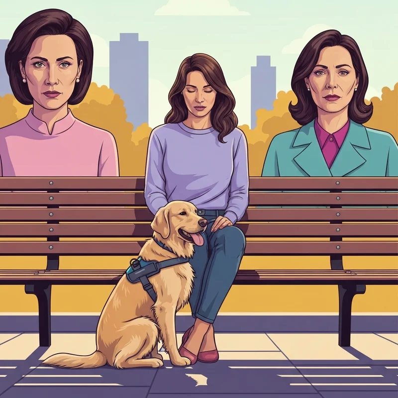 A woman sitting calmly on a park bench with her golden retriever wearing a harness, illustrating the bond of an emotional support animal vs service animal.