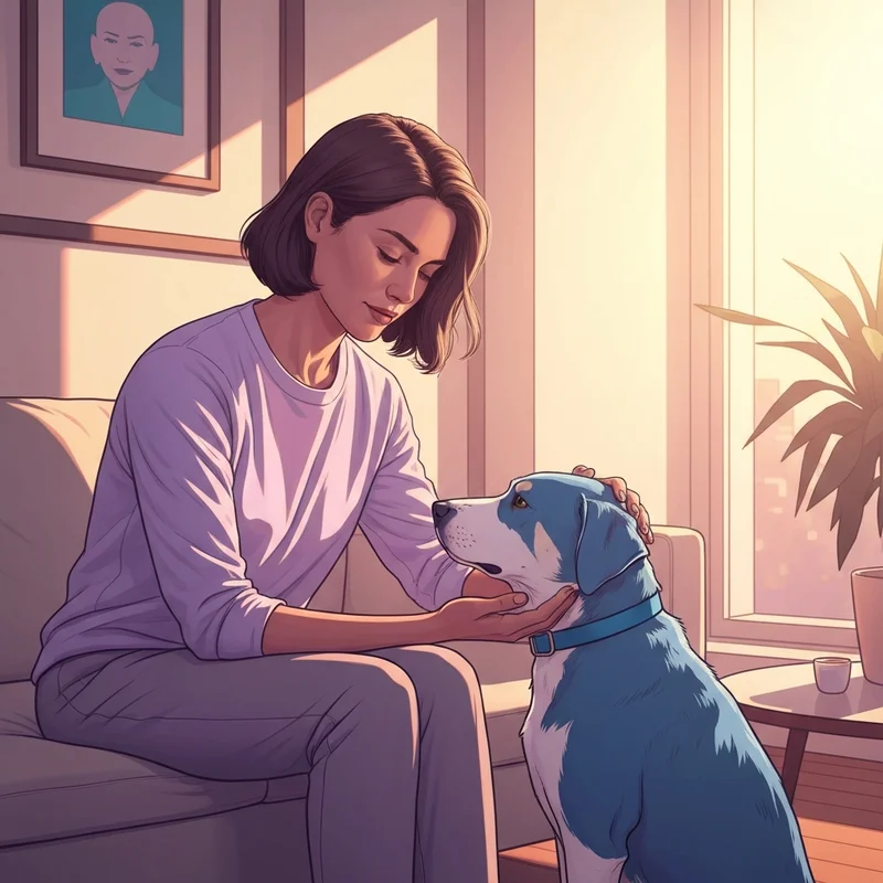 A peaceful young adult sitting on a sofa with a supportive golden retriever dog, illustrating the difference between emotional support and service animal roles.