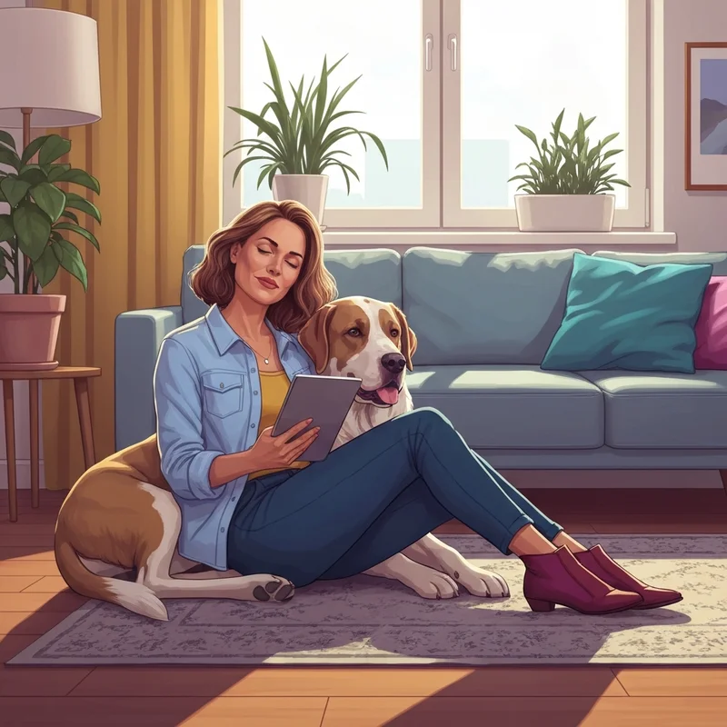 A young woman sitting calmly on her sofa with her golden retriever, comparing the rights of an esa vs service animal.