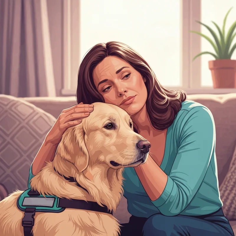 A young woman sitting on a park bench with a calm Golden Retriever support dog wearing a harness, showing the emotional bond and grounding effect.