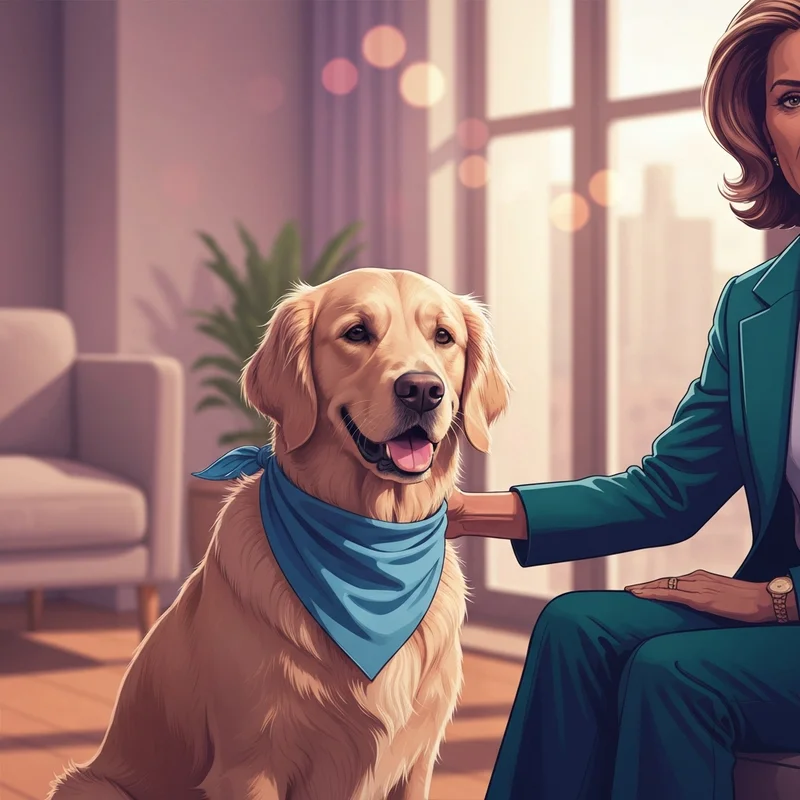 A peaceful golden retriever resting its head on the lap of a person in a modern apartment, illustrating therapy dog vs emotional support concepts.