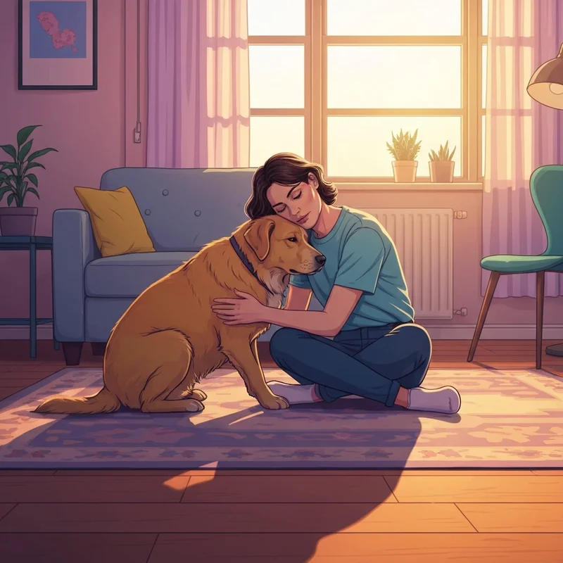 A woman sitting on a park bench with a calm golden retriever, illustrating the comparison between a therapy dog vs emotional support animal.