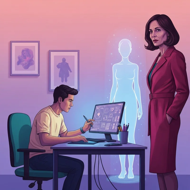 A cinematic, neon-lit digital space featuring a person interacting with a translucent, ethereal AI character representing the concept of an nsfw version of character ai and unrestricted creative freedom.