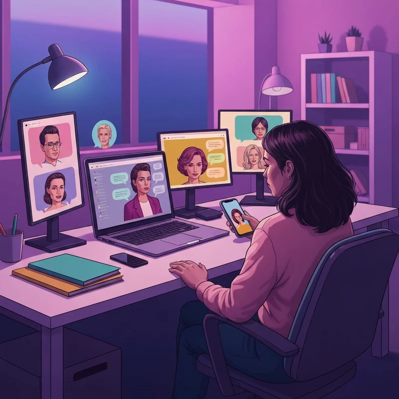 A group of young adults using a futuristic smartphone to chat with diverse AI avatars, representing the question is character ai free.