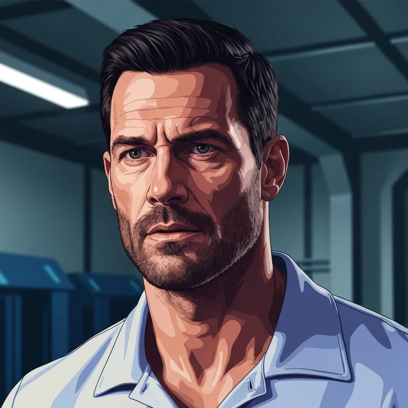 Cinematic portrait of Pablo Schreiber showcasing his intense gaze and physical presence, reflecting his transformation into iconic roles.