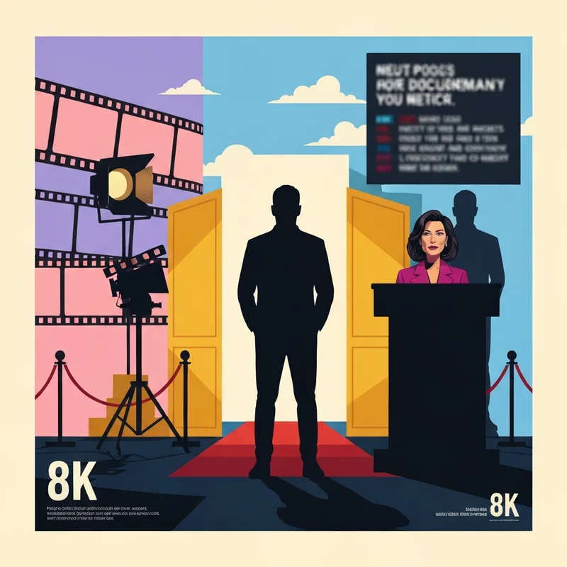 Portrait-style conceptual illustration representing the career trajectory and controversies of Brett Ratner including film reels and political document overlays.