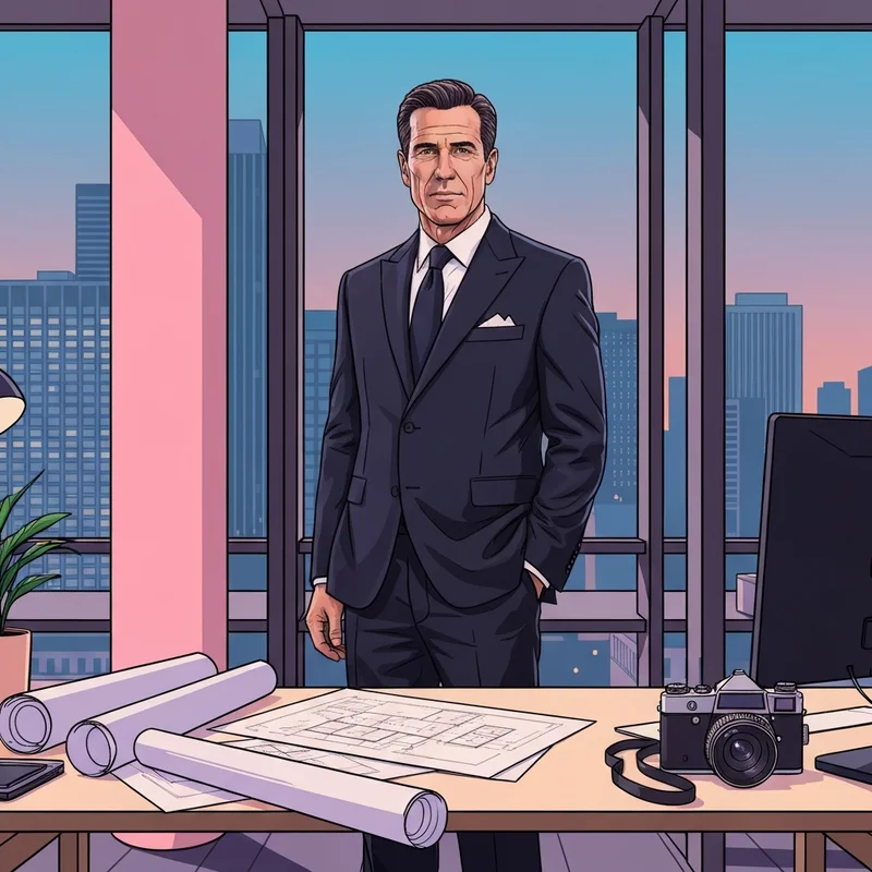 A cinematic and structured portrait of Ben Affleck, representing his evolution as a business architect and creative director.