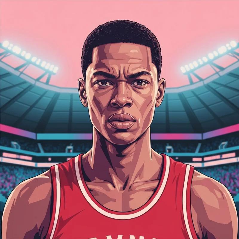 A cinematic close-up of a professional basketball player in a red Chicago Bulls-style jersey, focusing on his determined expression during a training session after a recovery process, titled Jaden Ivey Trade Analysis.