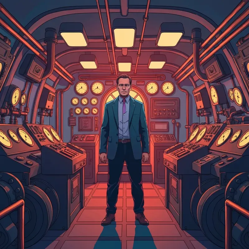 Cinematic portrait of a visionary director in a 1940s-style submarine control room, representing the career of Mark Fischbach.
