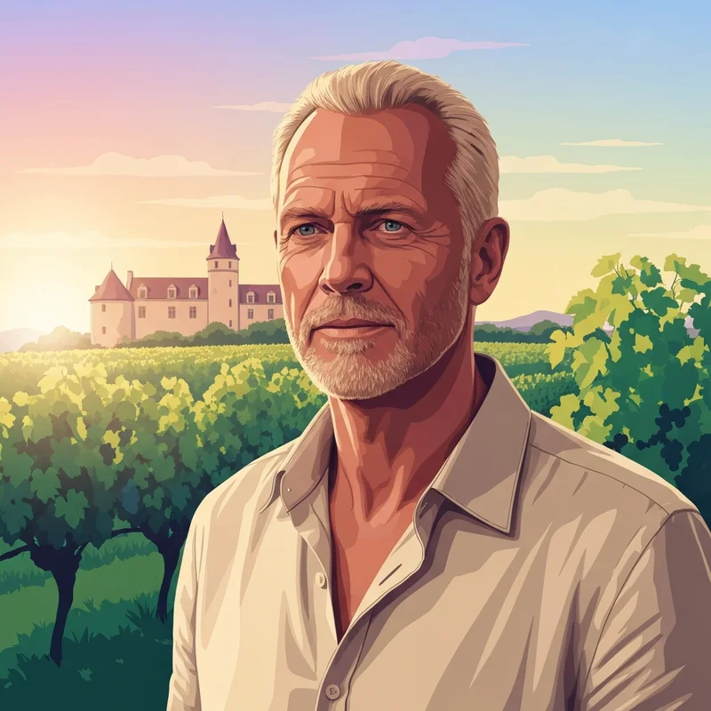 Brad Pitt wearing a linen shirt in a sun-drenched vineyard, symbolizing his transition into an artisanal lifestyle and professional mogul.