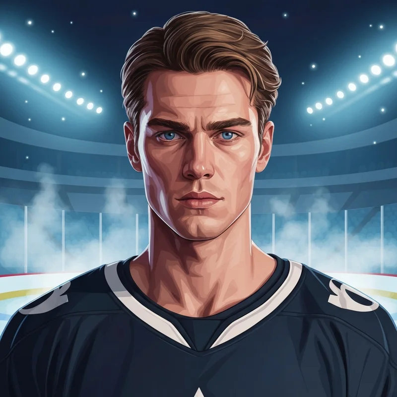 Connor Storrie wearing a professional hockey jersey standing on the ice under cinematic lighting.