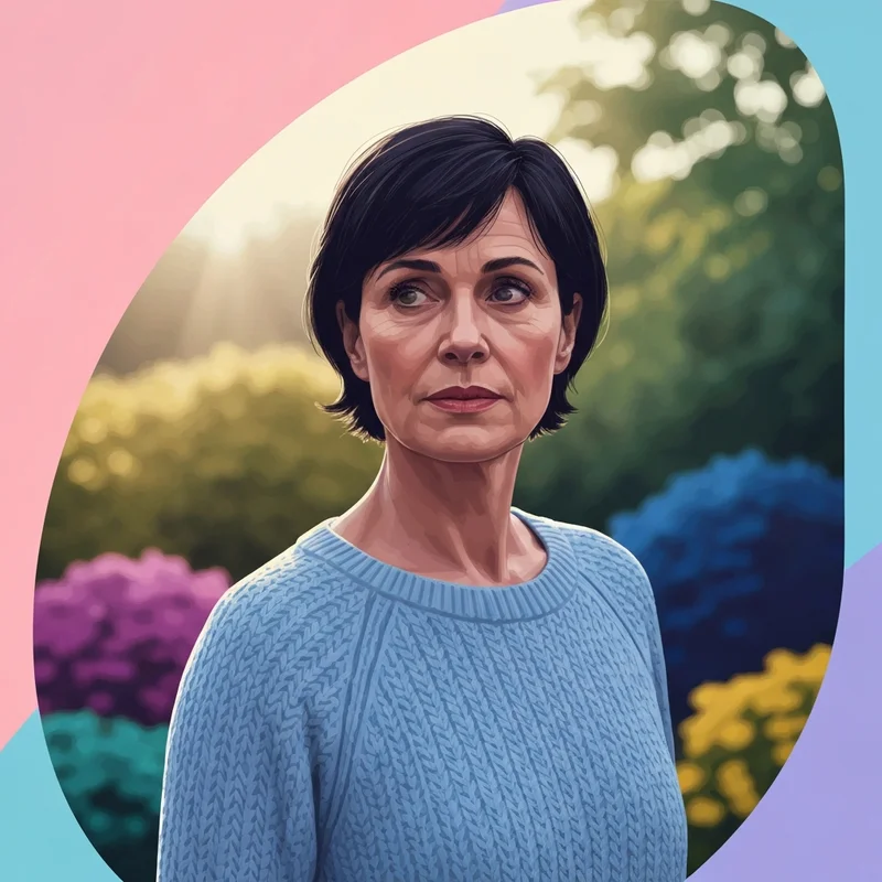 A cinematic and warm portrait of an actress resembling Olivia Colman, showing wisdom and a kind smile, reflecting the career of Olivia Colman.