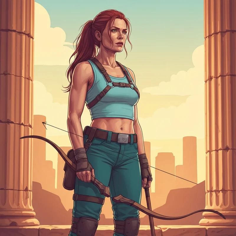 Sophie Turner standing confidently as a modern action hero archetype representing her Lara Croft era.