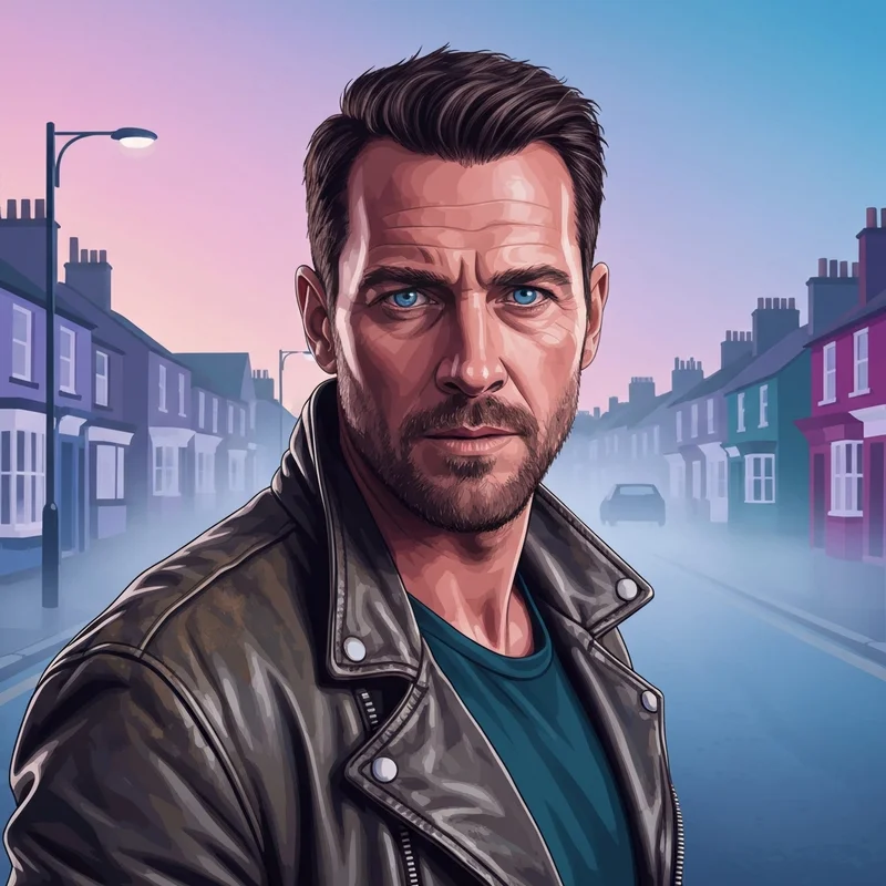 Cinematic portrait of British actor Jack O'Connell portraying a gritty, intense character in a modern drama setting.