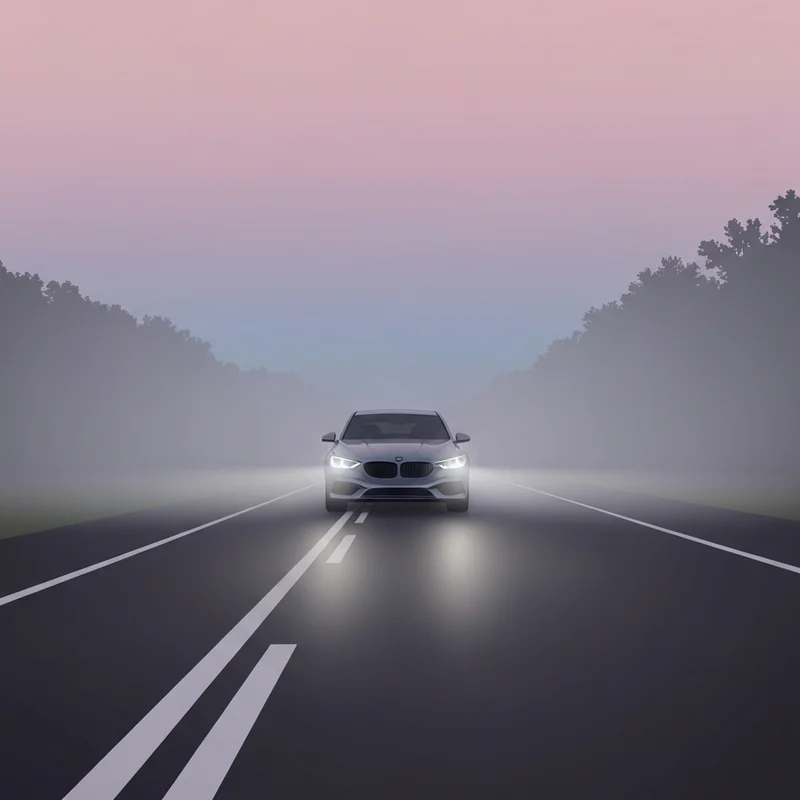 A car driving safely through a dense fog advisory with low-beam headlights on and a focused driver.