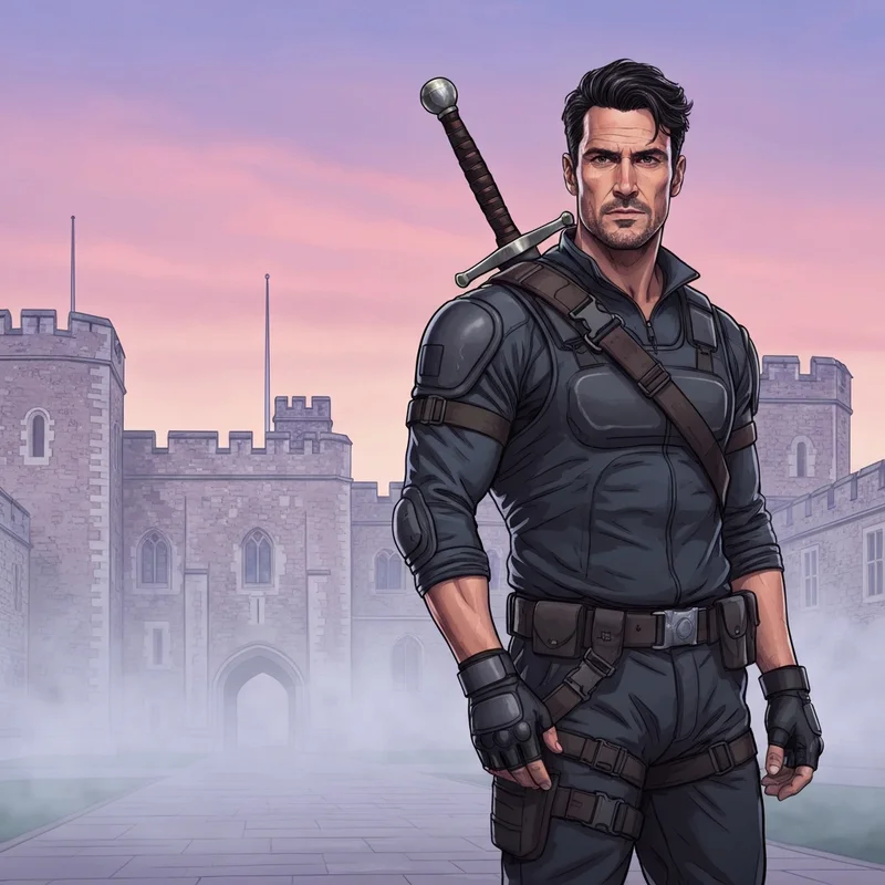 Henry Cavill as a cinematic immortal warrior with a sword near the Tower of London, 8k high-detail action style.