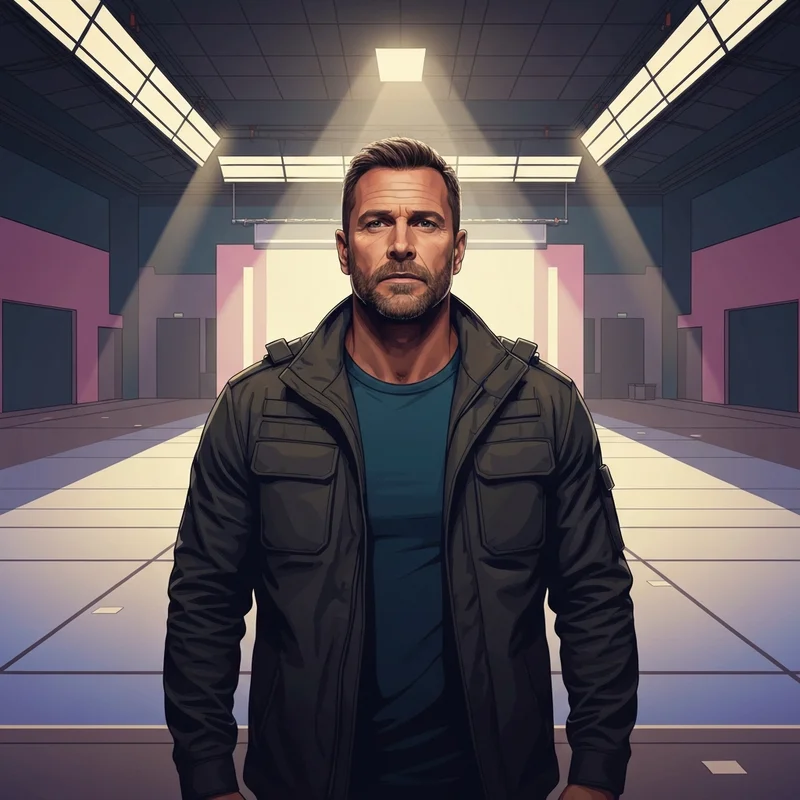 Cinematic portrait of a male action star in a reflective moment on a film set, Chris Pratt career pivot theme.