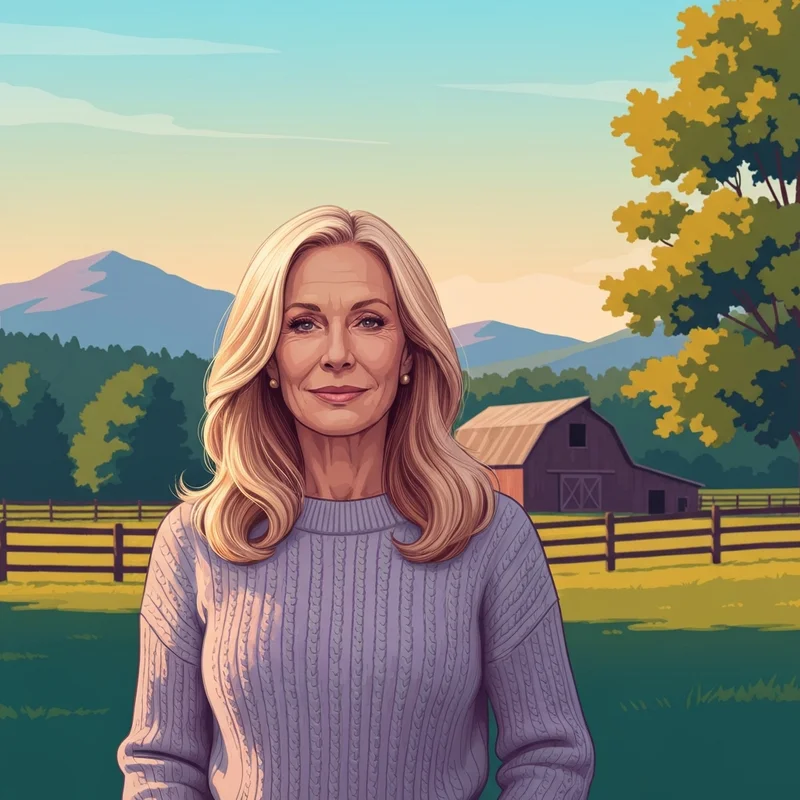 Amanda Seyfried looking serene on a farm at sunset, embodying the 'Evolved Icon' archetype for 2026.